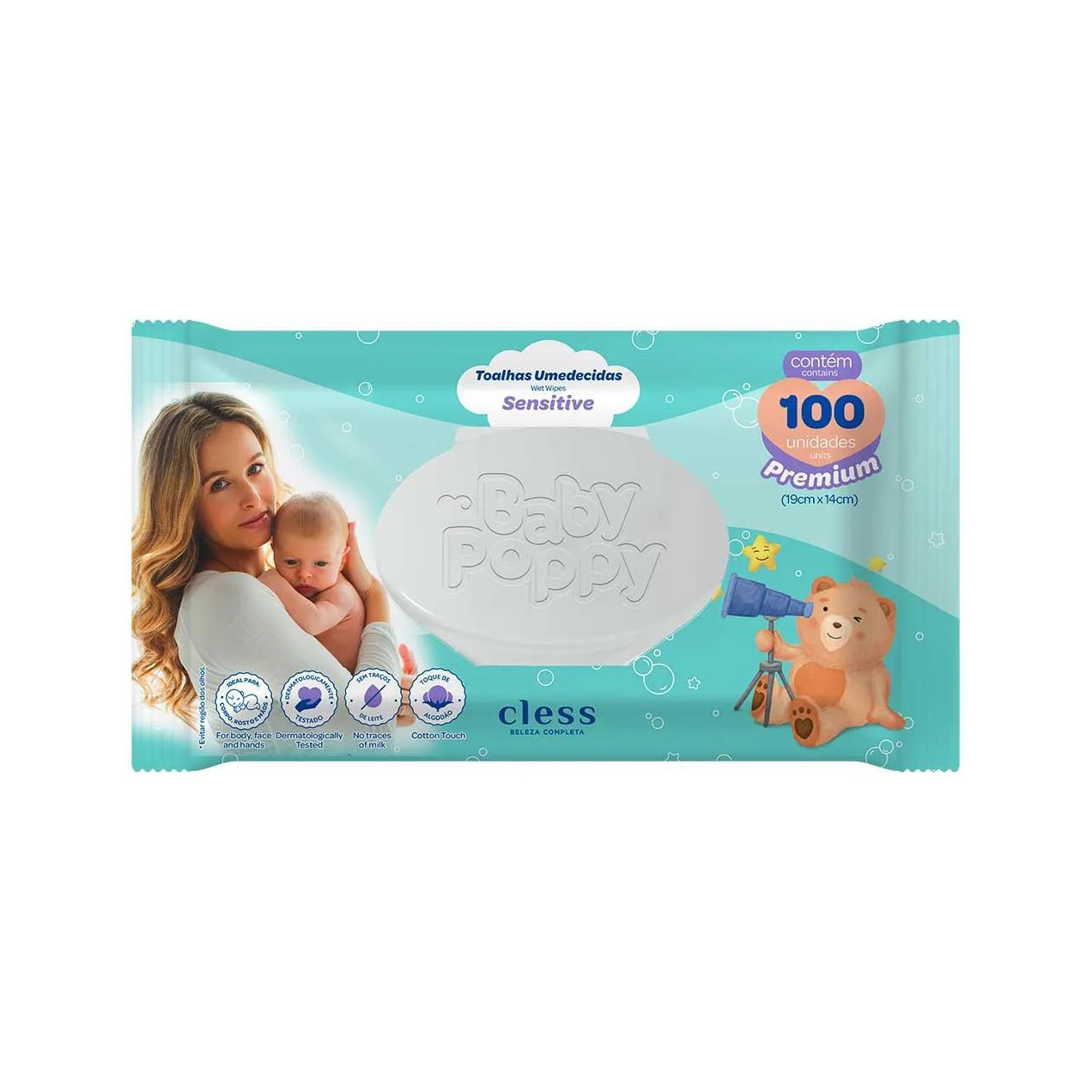 Lenço Umedecido Baby Poppy Sensitive Toque de Algodão Sem Traços de Leite 100 unidades