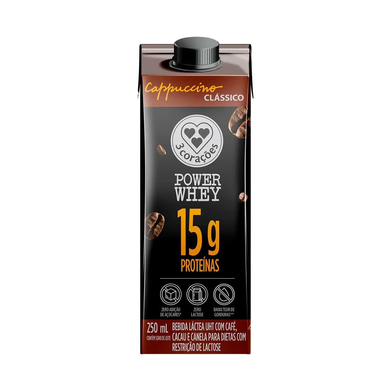 Cappuccino 3 Corações Power Whey Zero Lactose Clássico Caixa 250ml