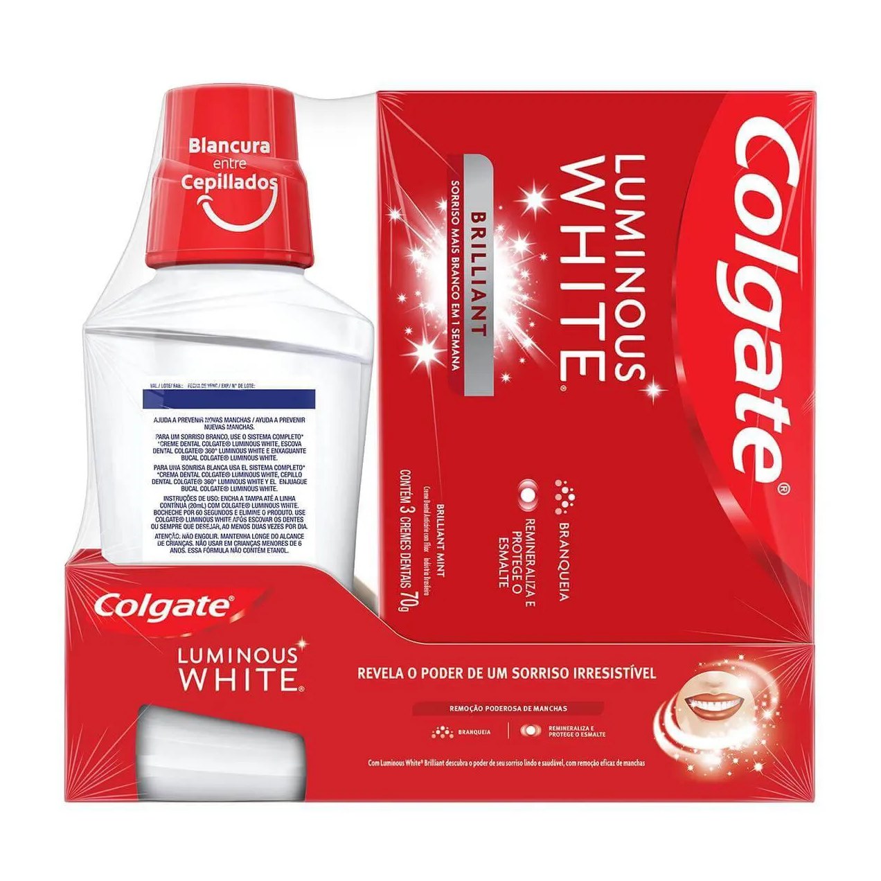 Kit Colgate Luminous White Brilliant Creme Dental 70g 3 unidades + Enxaguante Bucal 250ml
