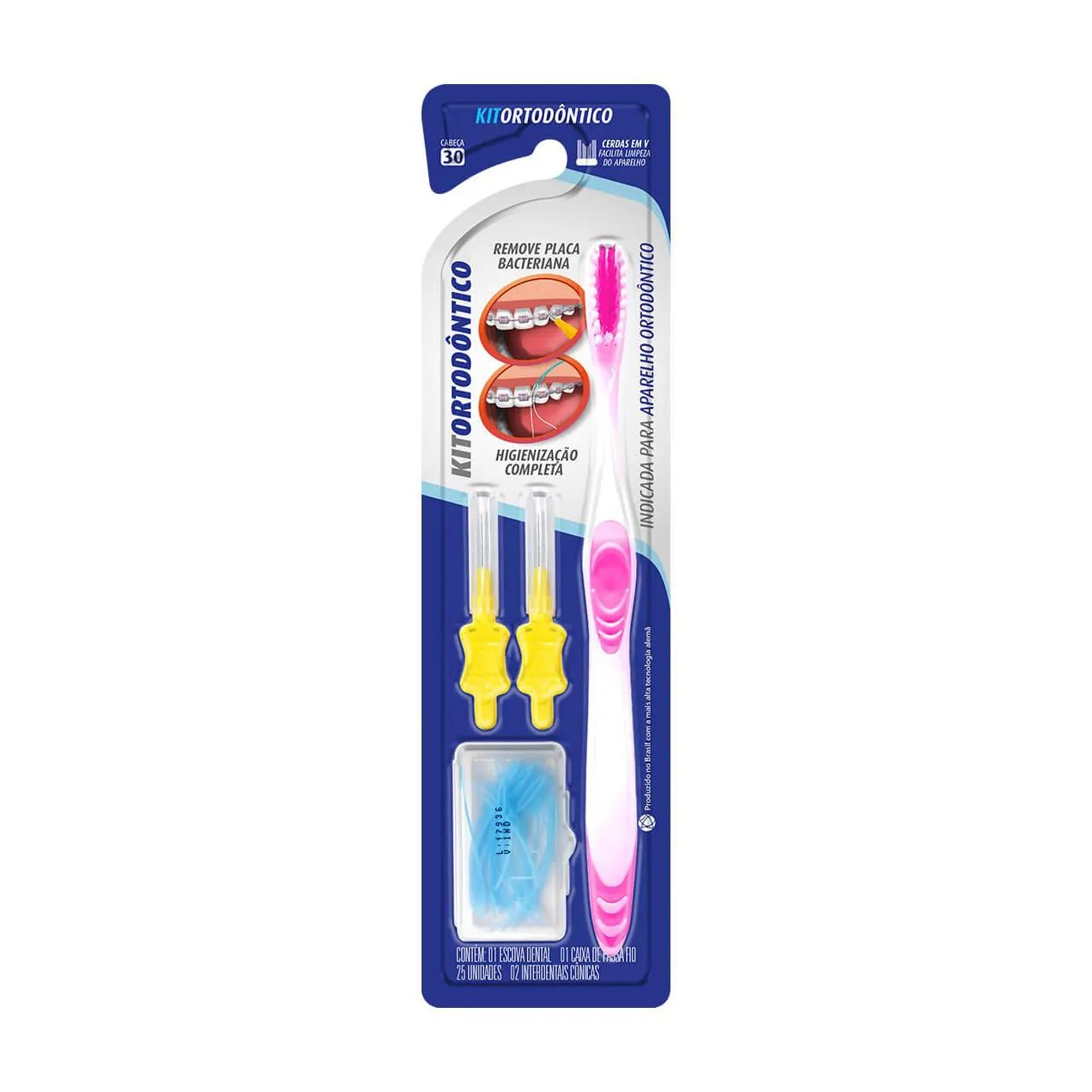 Kit Ortodôntico Dentalclean Escova de Dente + 2 Escovas Interdentais Cônicas + Passa Fio 25 unidades