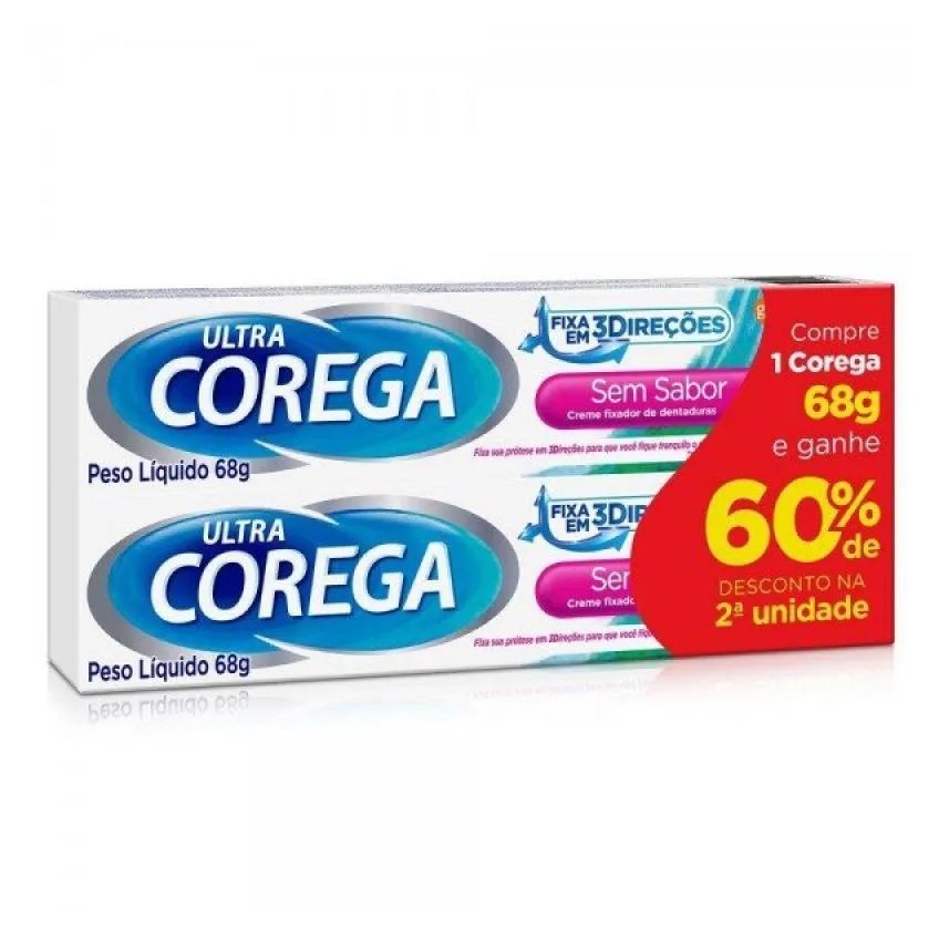 Kit Corega Ultra Creme Fixador de Dentaduras sem Sabor com 2 unidades com 68g Cada