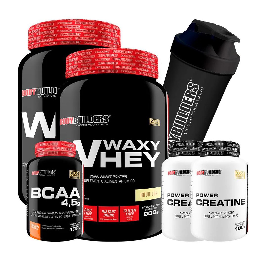 Kit 2x Waxy Whey Protein 900g + 2x Power Creatina 100g + Bcaa 4.5 100g + Coqueteleira - Bodybuilders Baunilha
