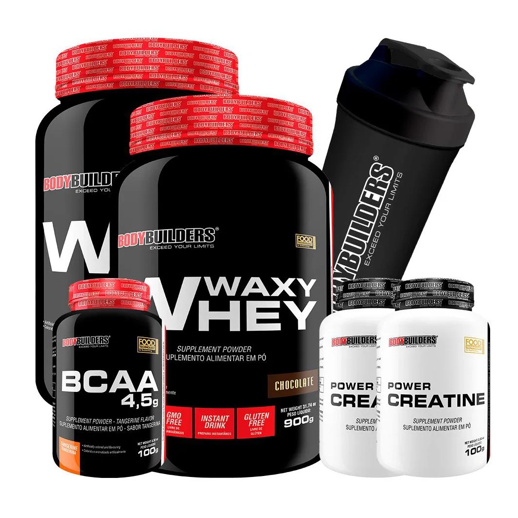 Kit 2x Waxy Whey Protein 900g + 2x Power Creatina 100g + Bcaa 4.5 100g + Coqueteleira - Bodybuilders Chocolate