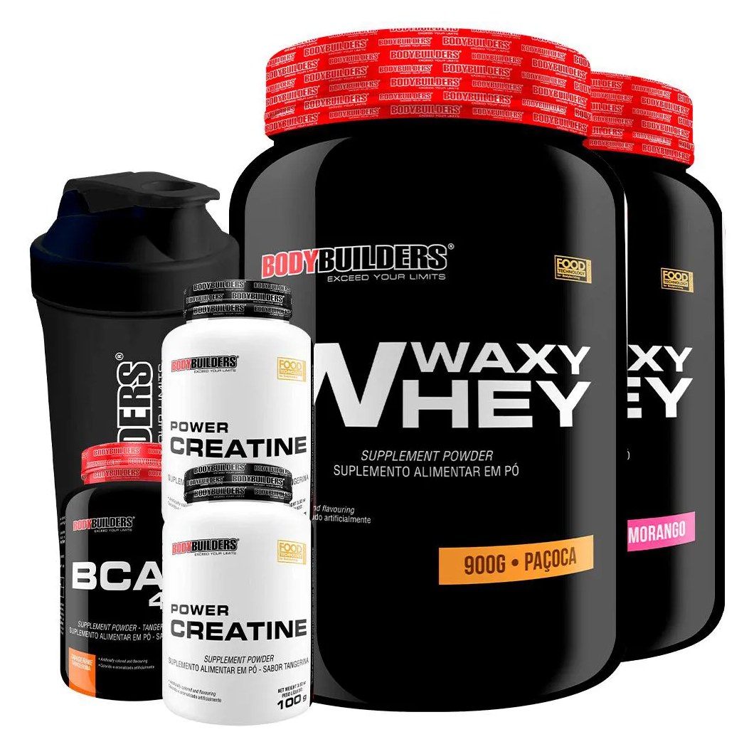 Kit 2x Waxy Whey Protein 900g + 2x Power Creatina 100g + Bcaa 4.5 100g + Coqueteleira - Bodybuilders Morango e Paçoca