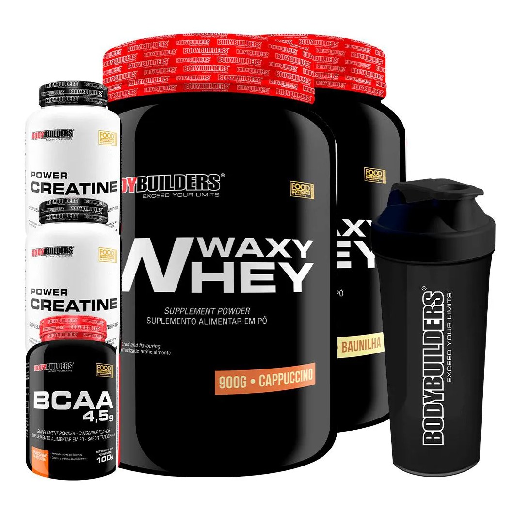 Kit 2x Waxy Whey Protein 900g + 2x Power Creatina 100g + Bcaa 4.5 100g + Coqueteleira - Bodybuilders Baunilha e Cappuccino