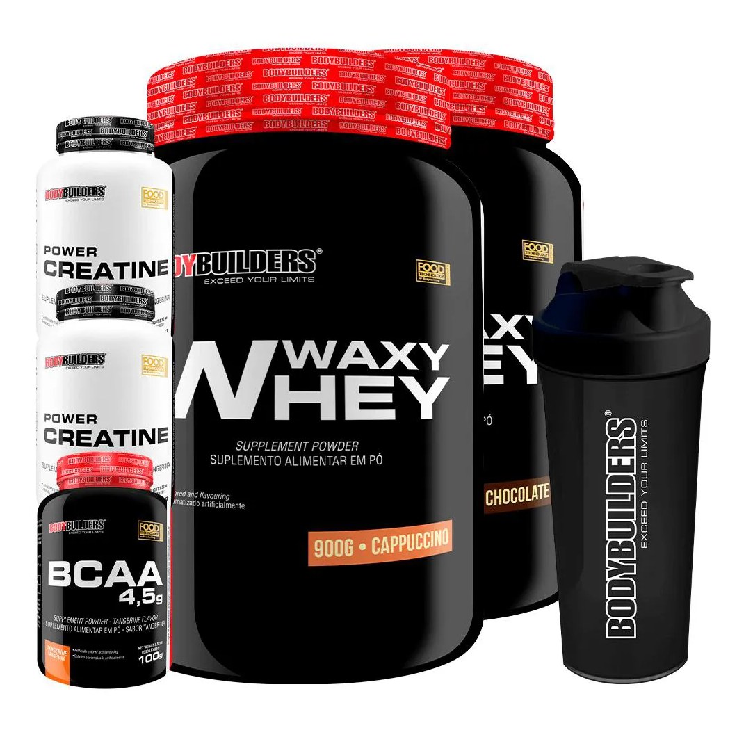 Kit 2x Waxy Whey Protein 900g + 2x Power Creatina 100g + Bcaa 4.5 100g + Coqueteleira - Bodybuilders Chocolate e Cappuccino