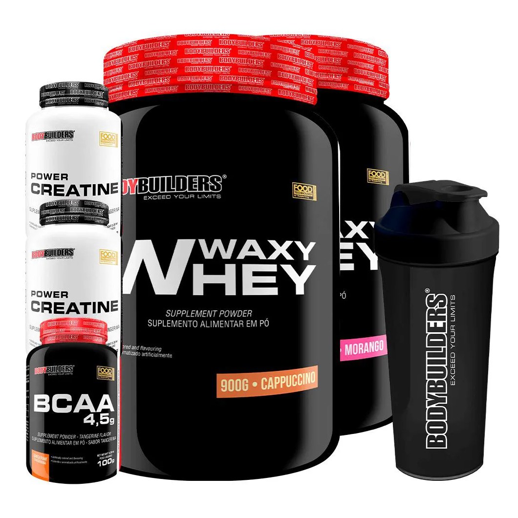 Kit 2x Waxy Whey Protein 900g + 2x Power Creatina 100g + Bcaa 4.5 100g + Coqueteleira - Bodybuilders Morango e Cappuccino