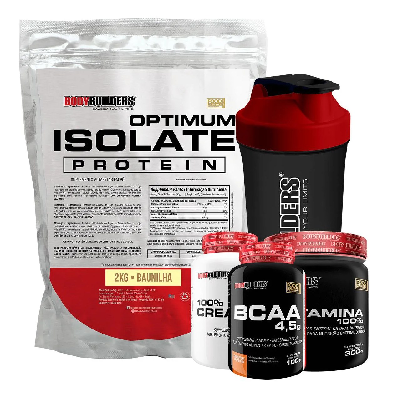Kit Optimum Isolate Whey Protein 2kg + Bcaa 100g + Creatina 100g + Glutamina 300g + Coqueteleira Sabor Baunilha - Bodybuilders
