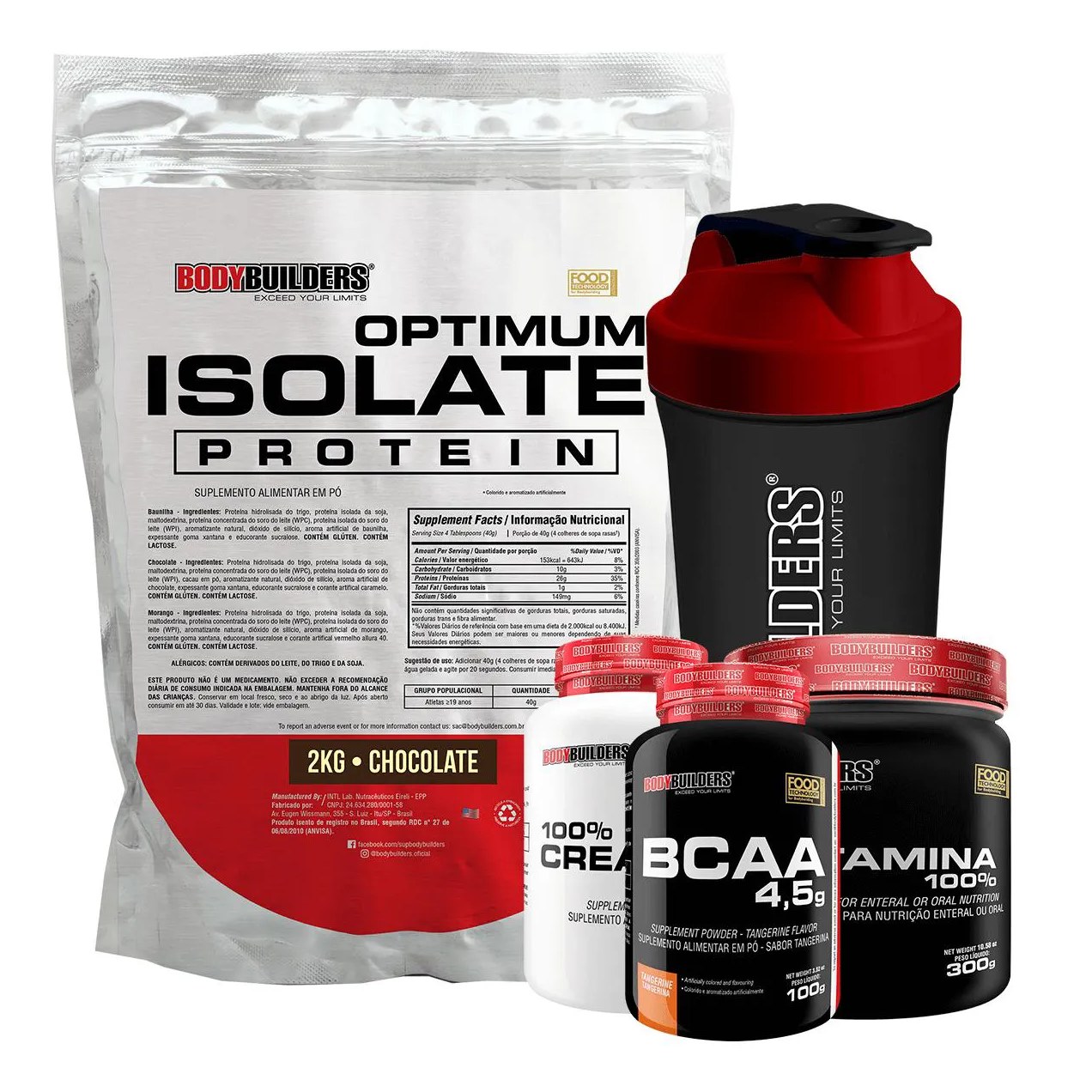 Kit Optimum Isolate Whey Protein 2kg + Bcaa 100g + Creatina 100g + Glutamina 300g + Coqueteleira Sabor Chocolate - Bodybuilders