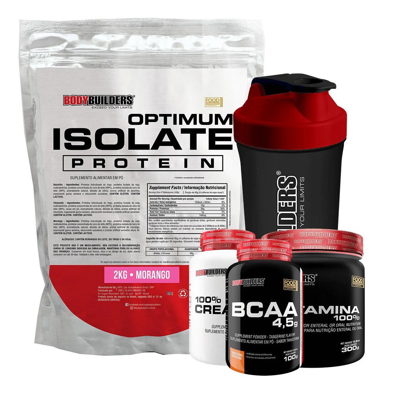 Kit Optimum Isolate Whey Protein 2kg + Bcaa 100g + Creatina 100g + Glutamina 300g + Coqueteleira Sabor Morango - Bodybuilders