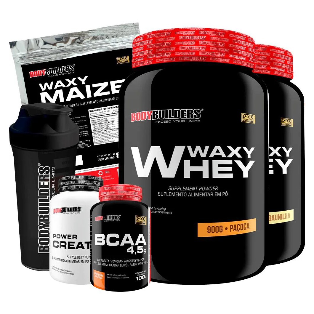 Kit 2x Whey Protein Waxy Whey 900g + Bcaa 4.5 100g + Power Creatina 100g + Waxy Maize 800g + Coque. Baunilha e Paçoca