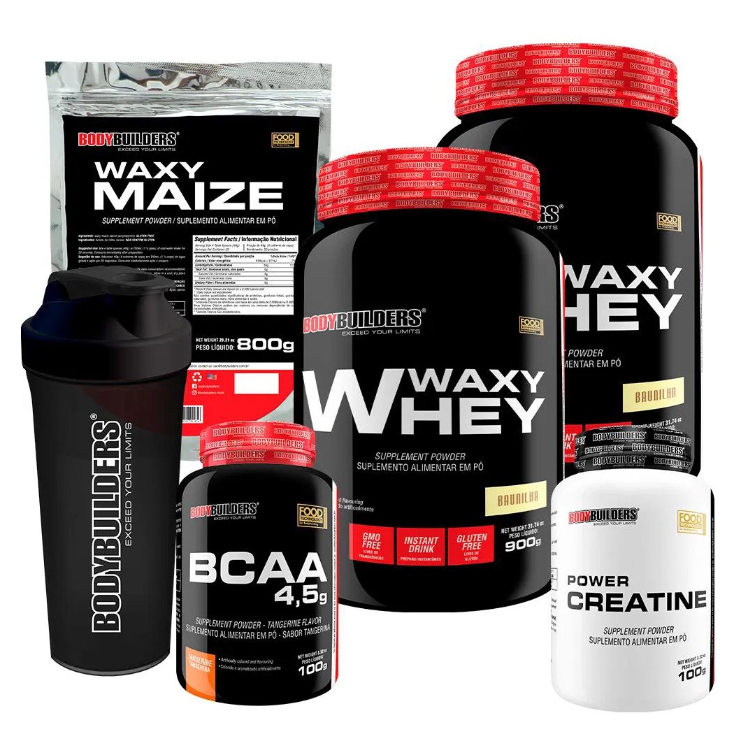 Kit 2x Whey Protein Waxy Whey 900g + Bcaa 4.5 100g + Power Creatina 100g + Waxy Maize 800g + Coque. Morango e Baunilha