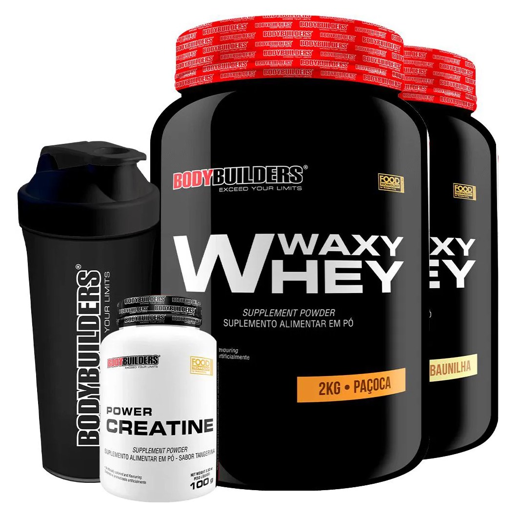 Kit 2x Waxy Whey 2kg + Power Creatina 100g + Coqueteleira - Bodybuilders Baunilha e Paçoca