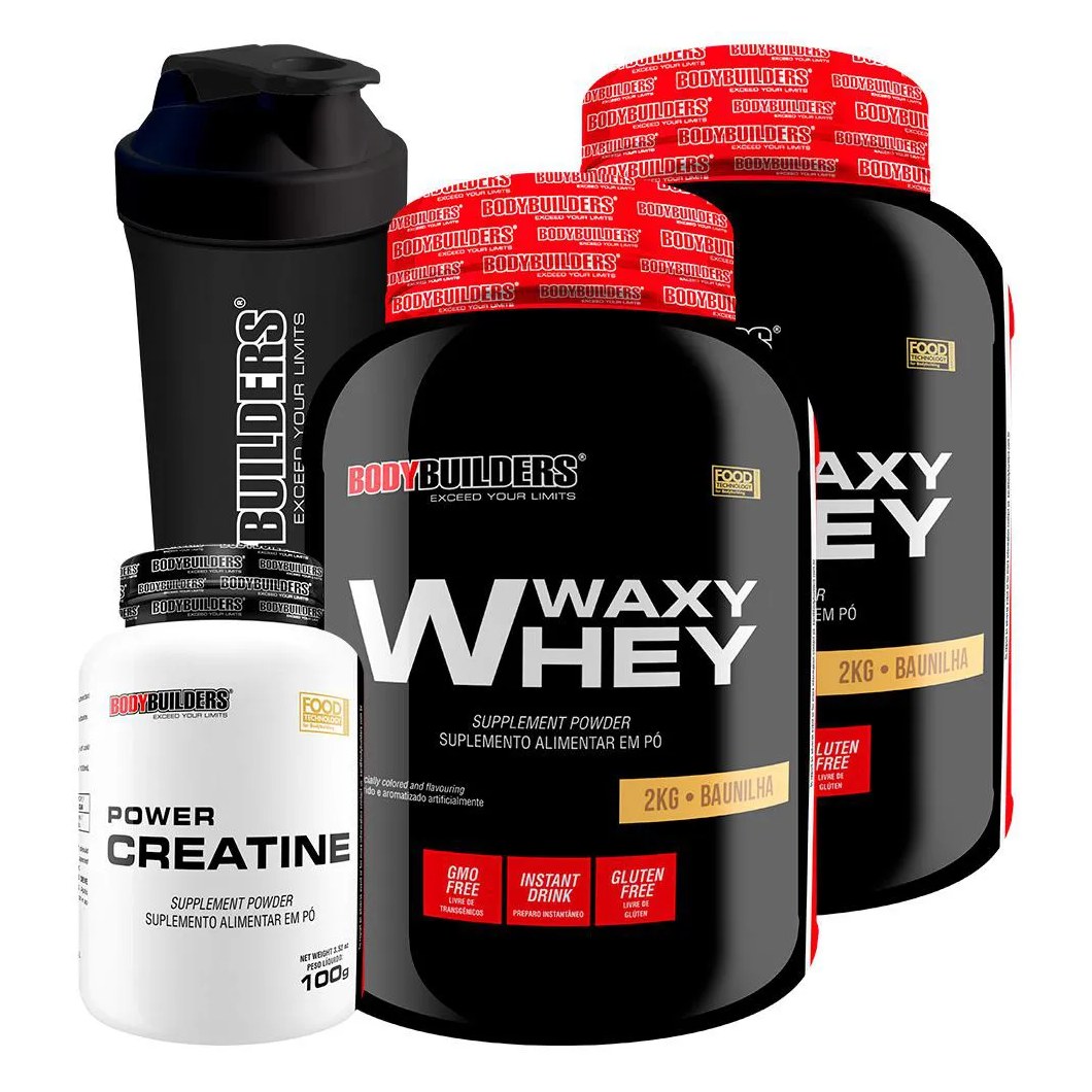 Kit 2x Waxy Whey 2kg + Power Creatina 100g + Coqueteleira - Bodybuilders Morango