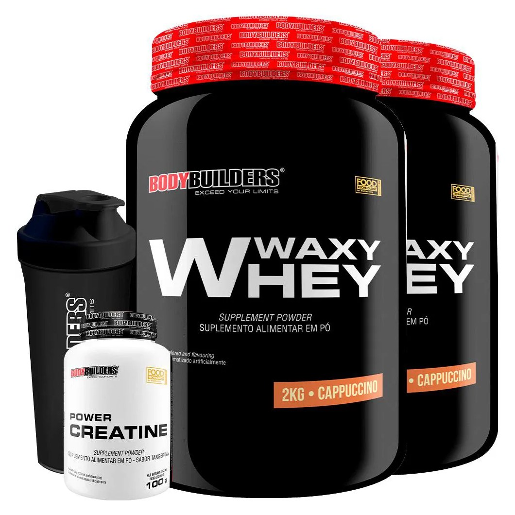 Kit 2x Waxy Whey 2kg + Power Creatina 100g + Coqueteleira - Bodybuilders Cappuccino