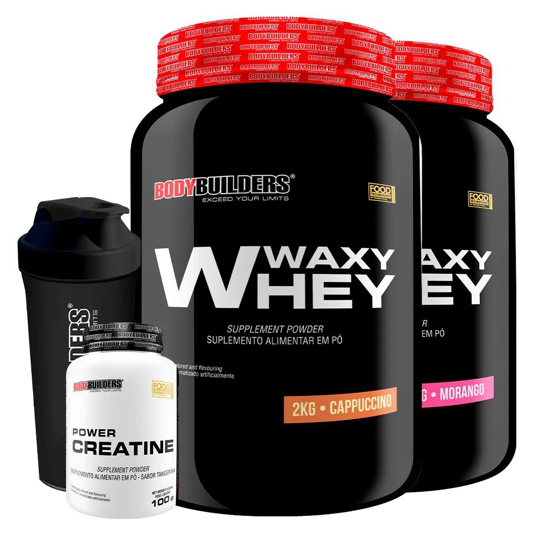 Kit 2x Waxy Whey 2kg + Power Creatina 100g + Coqueteleira - Bodybuilders Cappuccino e Morango