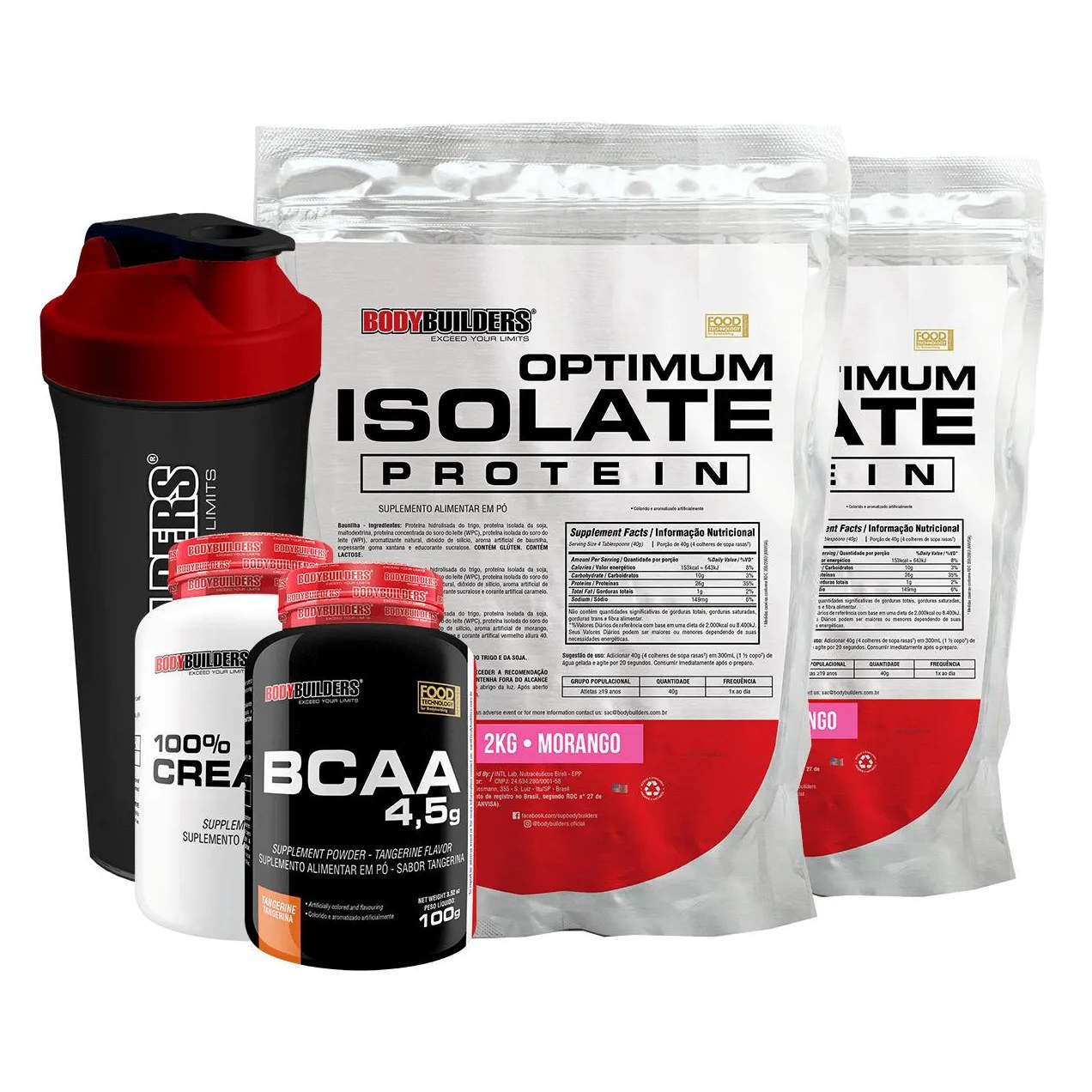 Kit 2x Optimum Isolate Whey Protein 2kg + Creatina 1000g + Bcaa 100g + Coqueteleira Sabor Morango - Bodybuilders