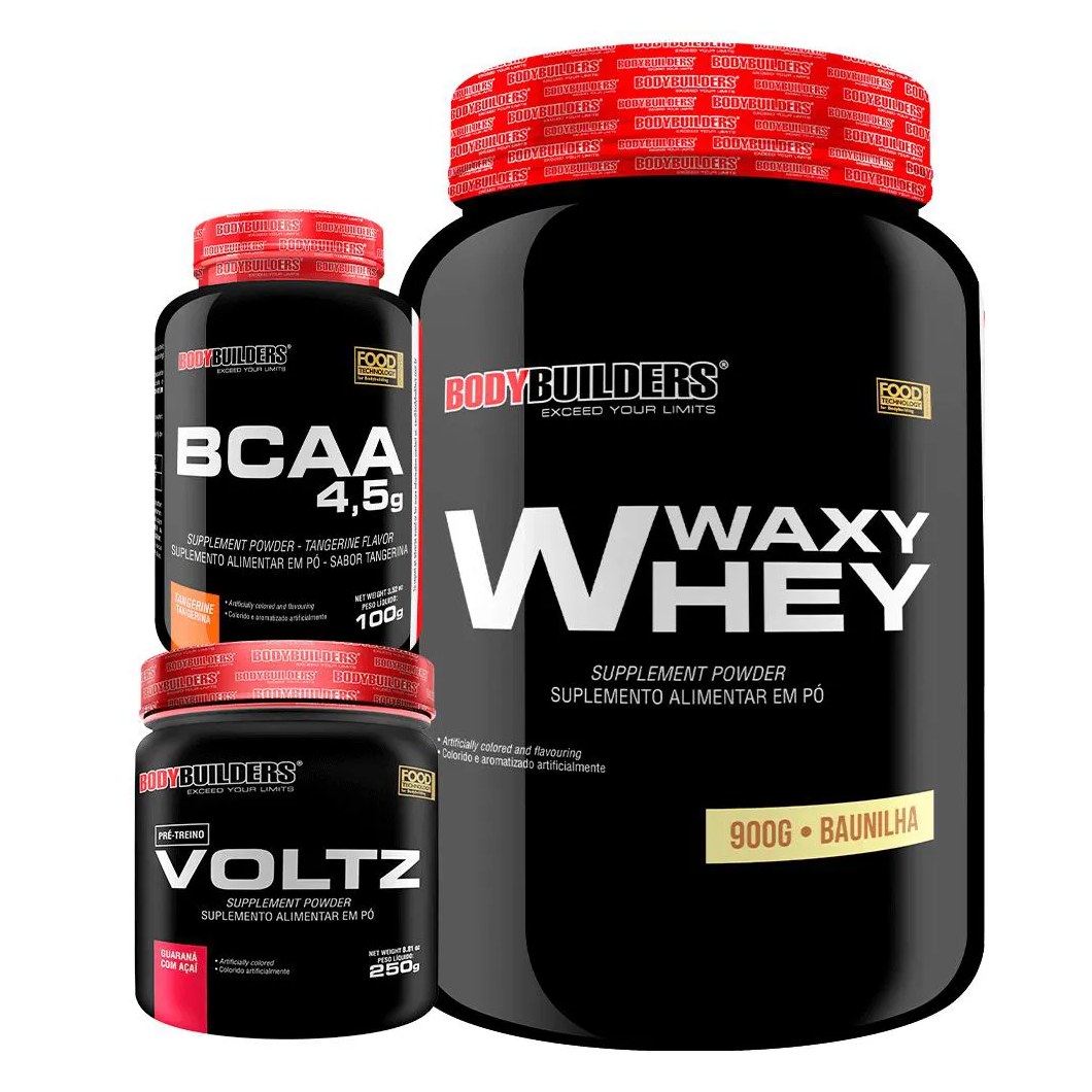 Kit Waxy Whey (35%) 900g + Bcaa 100g + Pré Treino - Bodybuilders Morango