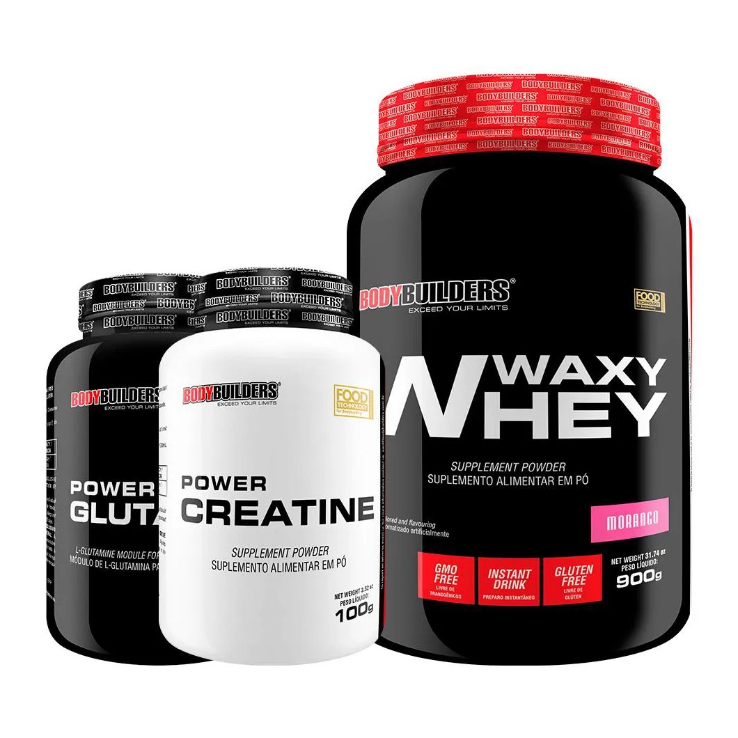 Kit Waxy Whey 900g + Power Creatine 100g + Power Glutamine 100g - Bodybuilders Morango