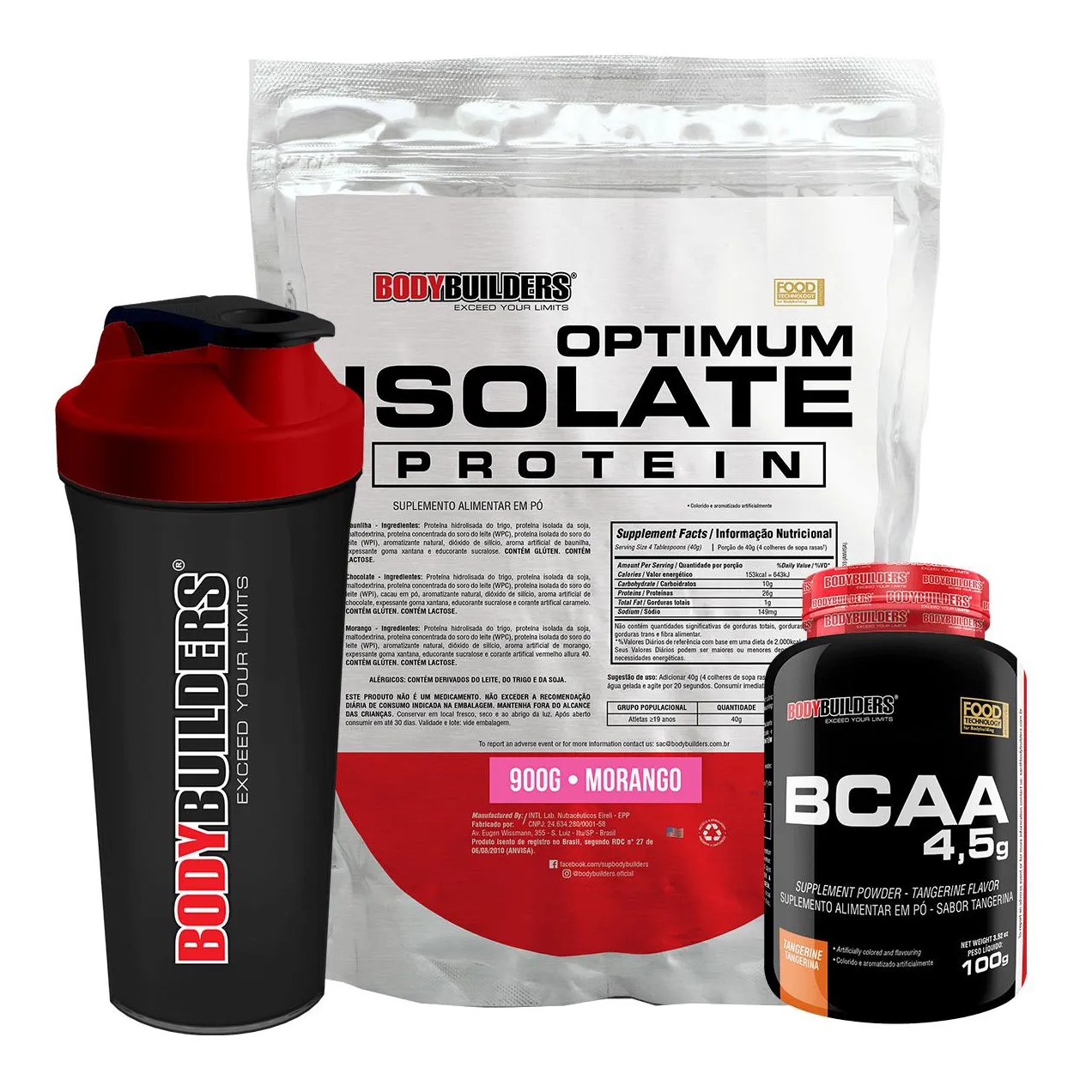 Kit Optimum Isolate Whey Protein 900g + Bcaa 100g + Coqueteleira Sabor Morango - Bodybuilders