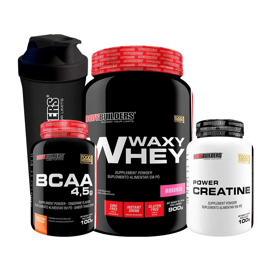 Kit Waxy Whey 900g + Power Creatina 100g + Bcaa 100g + Coqueteleira - Bodybuilders Morango