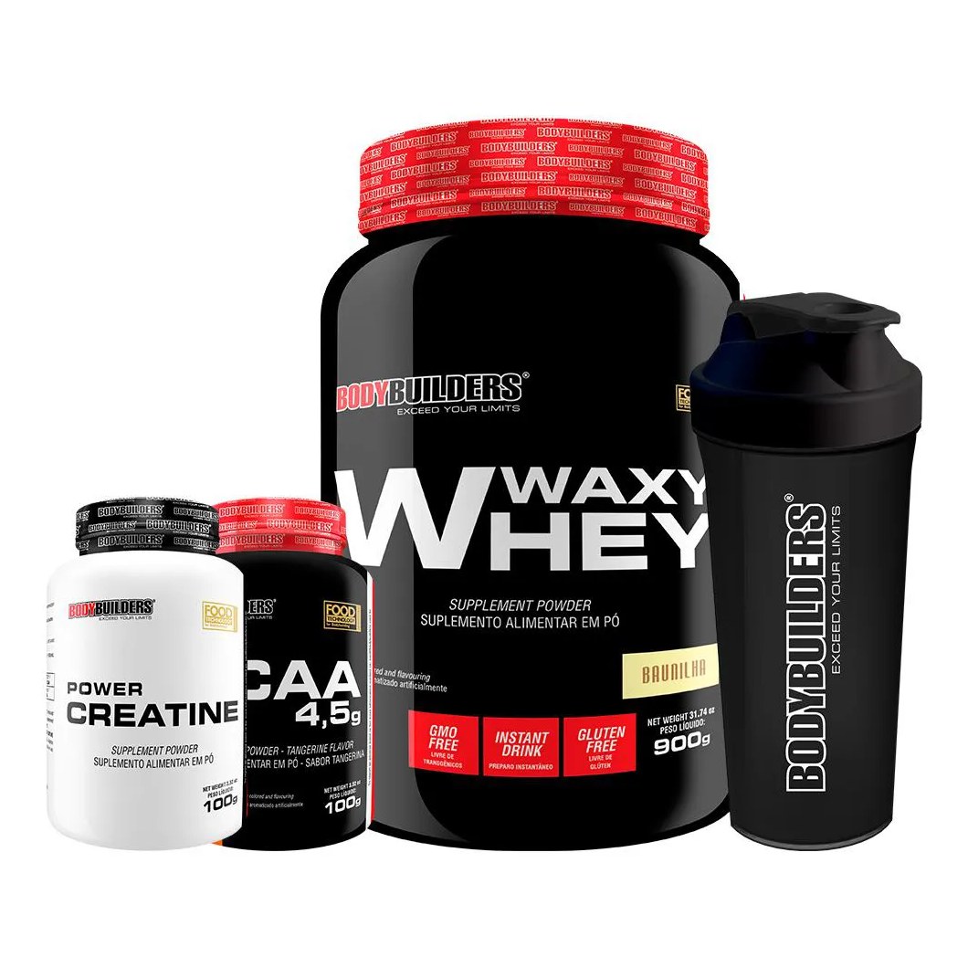 Kit Waxy Whey 900g + Bcaa 100g + Power Creatina 100g + Coqueteleira - Bodybuilders Chocolate