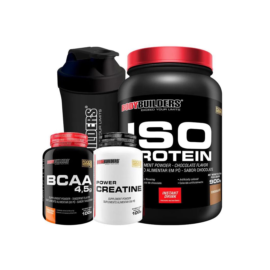 Kit Iso Protein 900g + Power Creatina 100g + Bcaa 100g + Coqueteleira Sabor: Chocolate - Bodybuilders