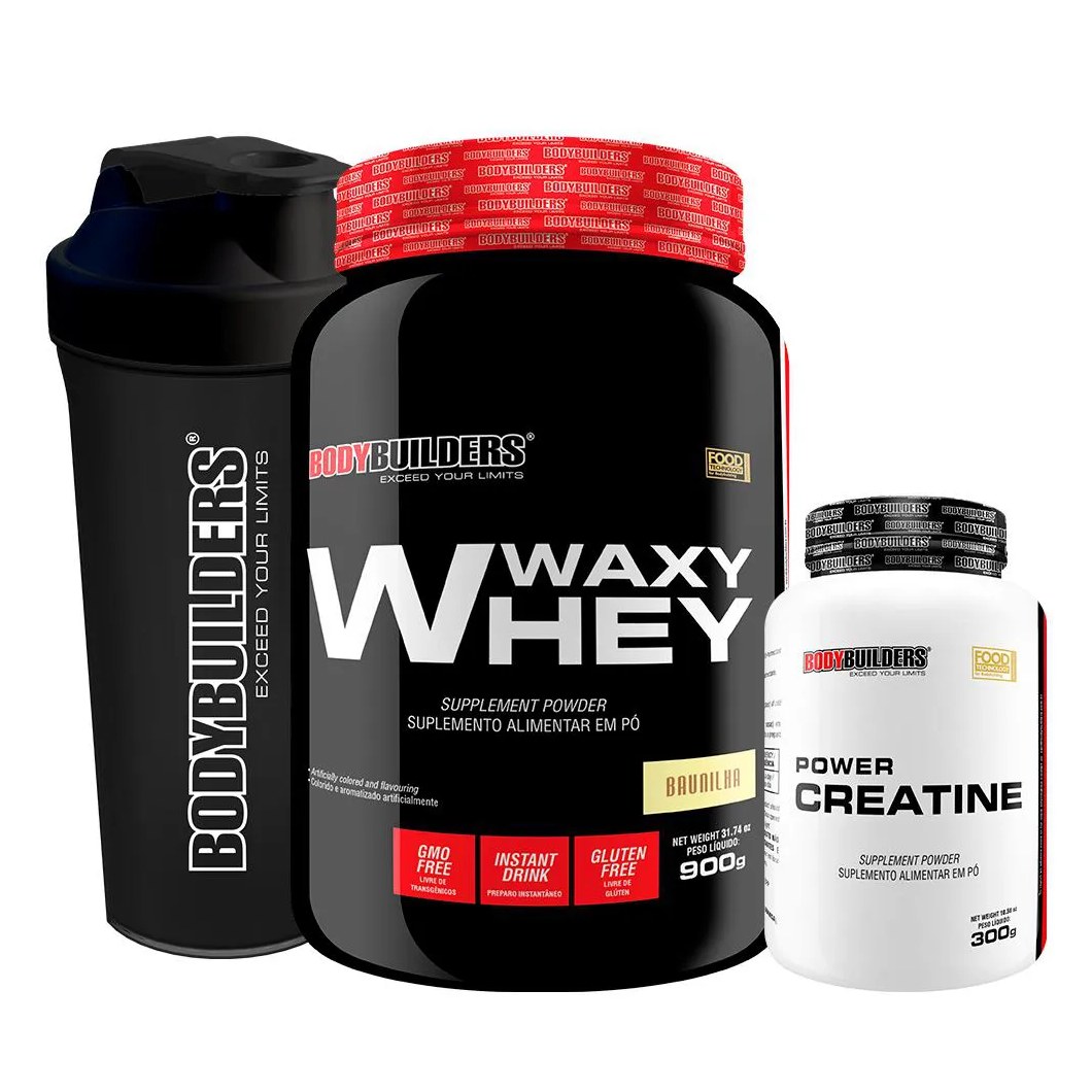 Kit Waxy Whey 900g + Power Creatina 100g + Coqueteleira - Bodybuilders Morango