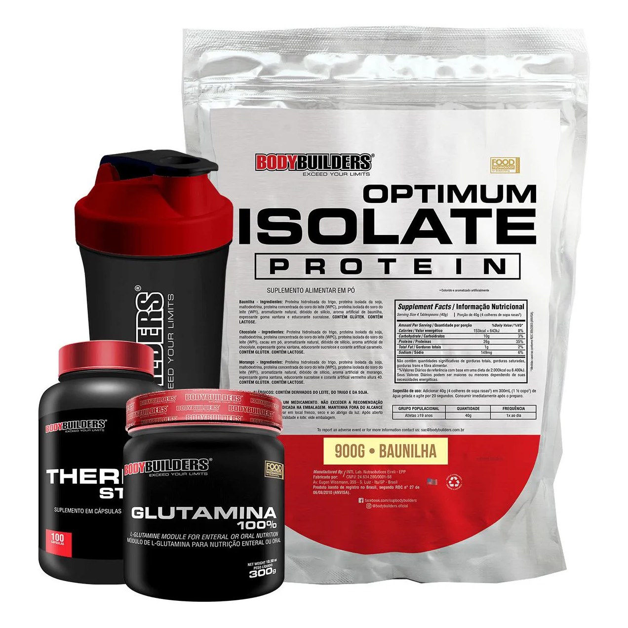Kit Optimum Isolate Whey Protein 900g + Thermo Start 100 cápsulas + Glutamina 300g + Coqueteleira Sabor Baunilha - Bodybuilders