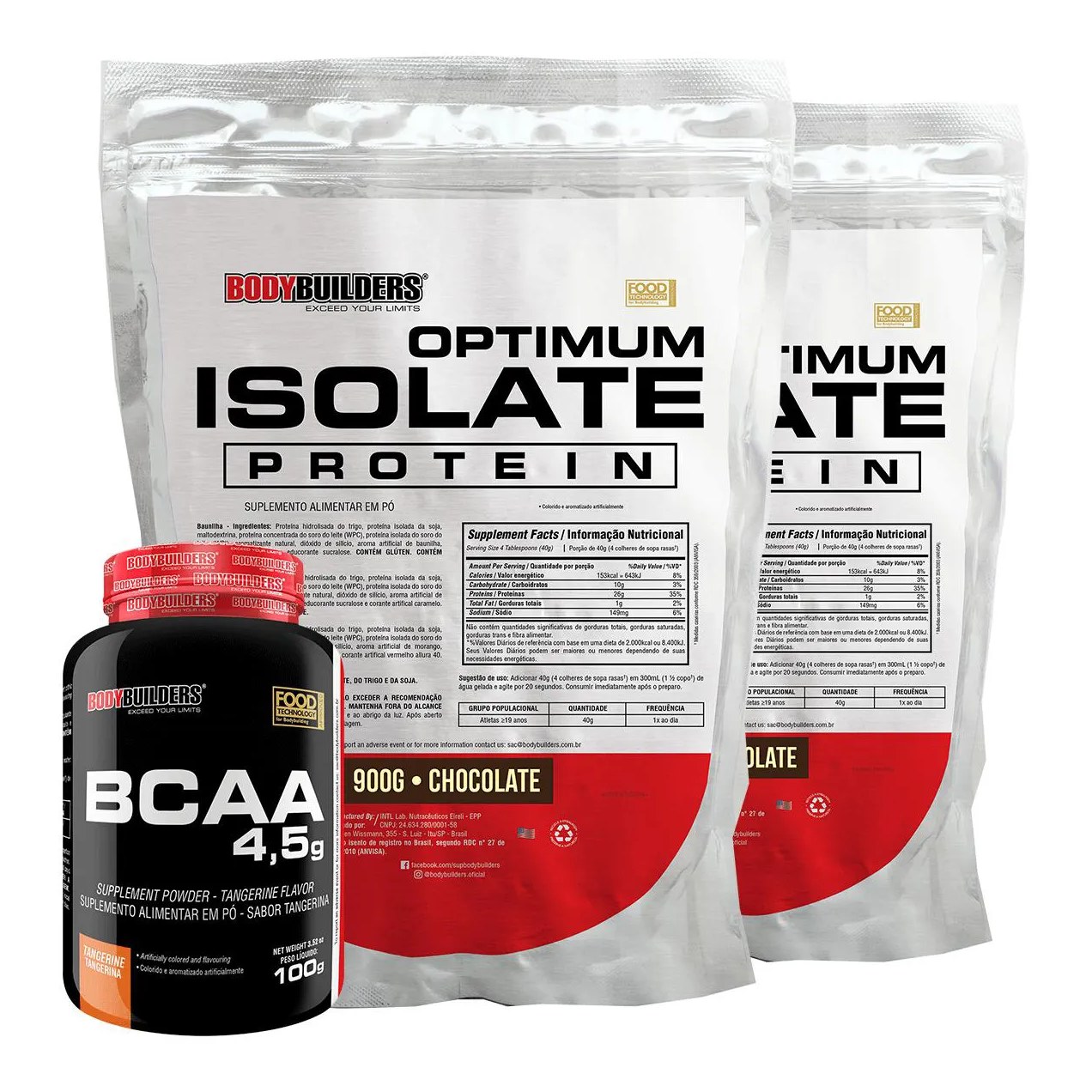 Kit 2x Optimum Isolate Whey Protein 900g + Bcaa 100g - Bodybuilders Sabor Chocolate
