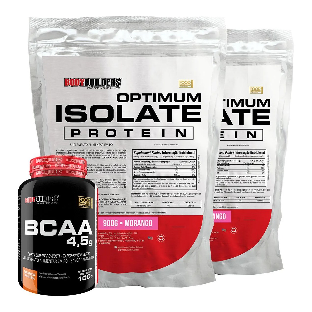 Kit 2x Optimum Isolate Whey Protein 900g + Bcaa 100g - Bodybuilders Sabor Morango