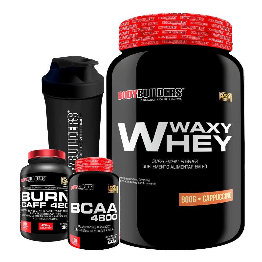 Kit Waxy Whey 900g + Bcaa 4800 120 cápsulas + Pré Treino 60 cápsulas + Coqueteleira - Bodybuilders Morango