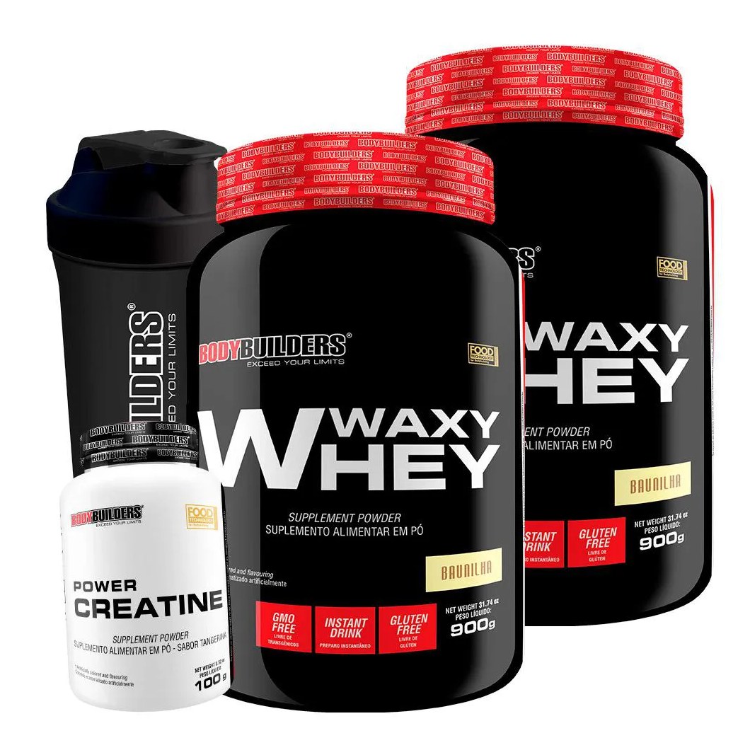 Kit 2x Whey Protein Waxy Whey 900g + Power Creatina 100g + Coqueteleira - Bodybuilders Baunilha