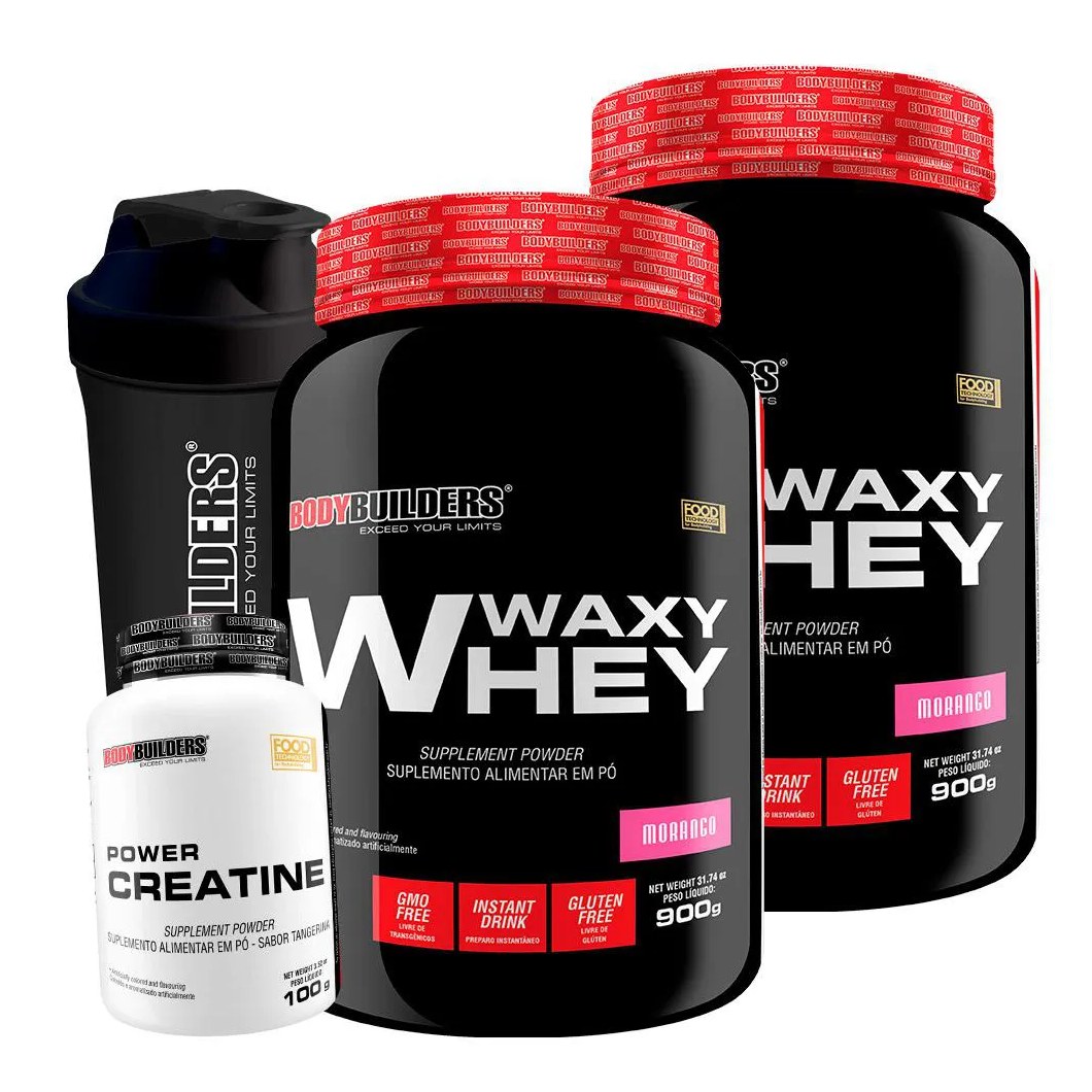 Kit 2x Whey Protein Waxy Whey 900g + Power Creatina 100g + Coqueteleira - Bodybuilders Morango