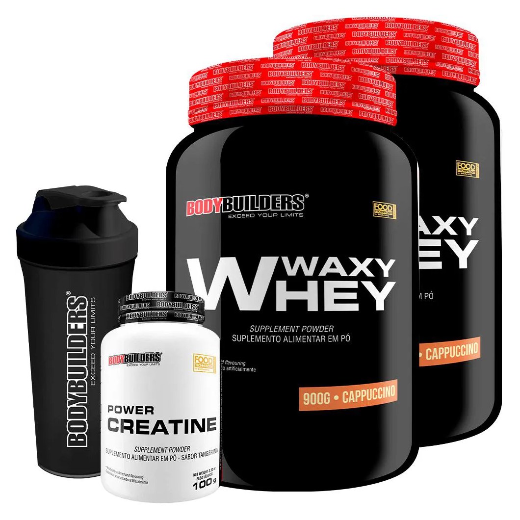 Kit 2x Whey Protein Waxy Whey 900g + Power Creatina 100g + Coqueteleira - Bodybuilders Cappuccino