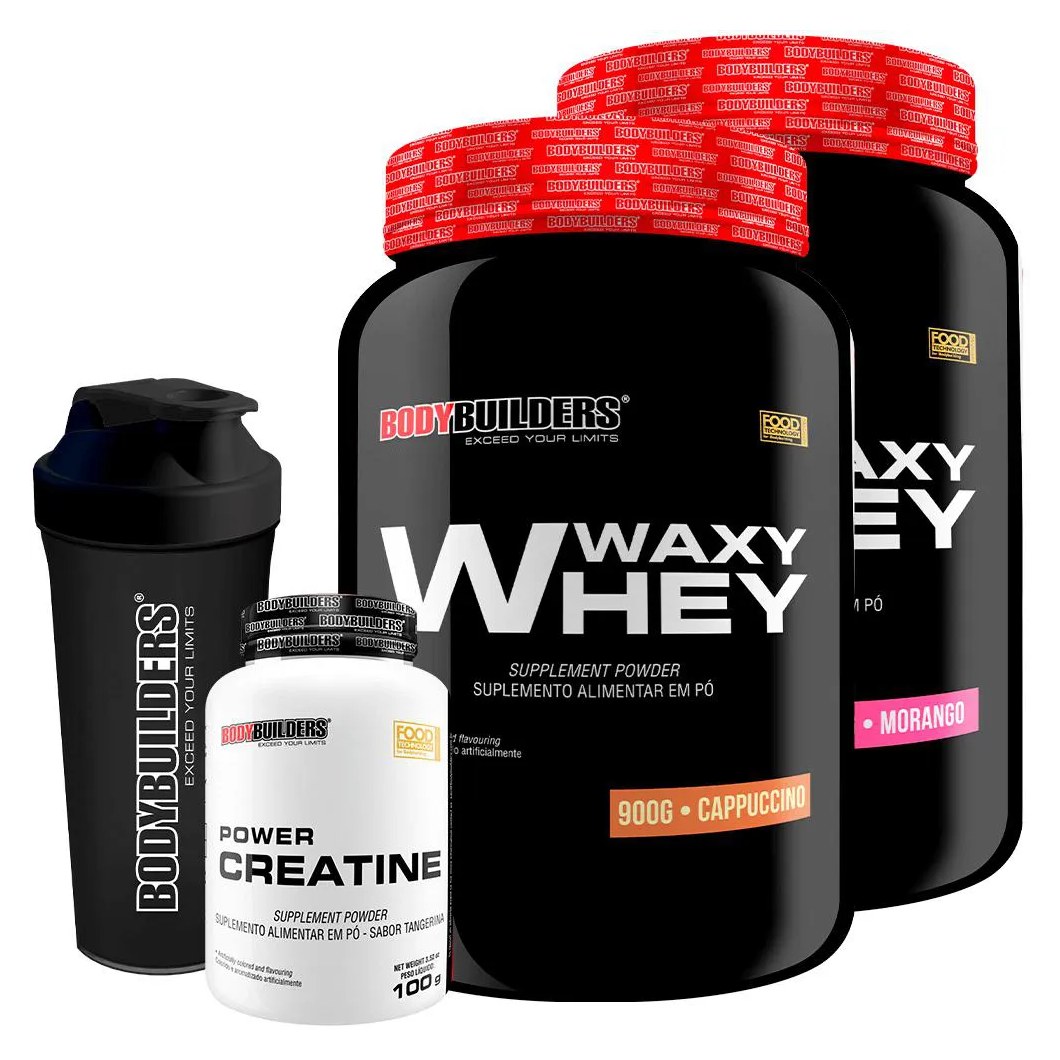 Kit 2x Whey Protein Waxy Whey 900g + Power Creatina 100g + Coqueteleira - Bodybuilders Morango e Cappuccino