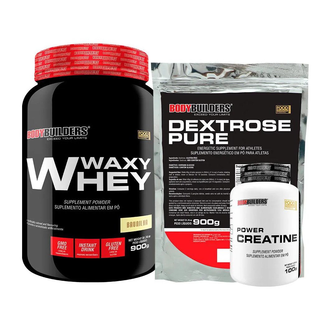 Kit Waxy Whey Protein 900g + Creatina 100g + Dextrose 900g - Bodybuilders Baunilha