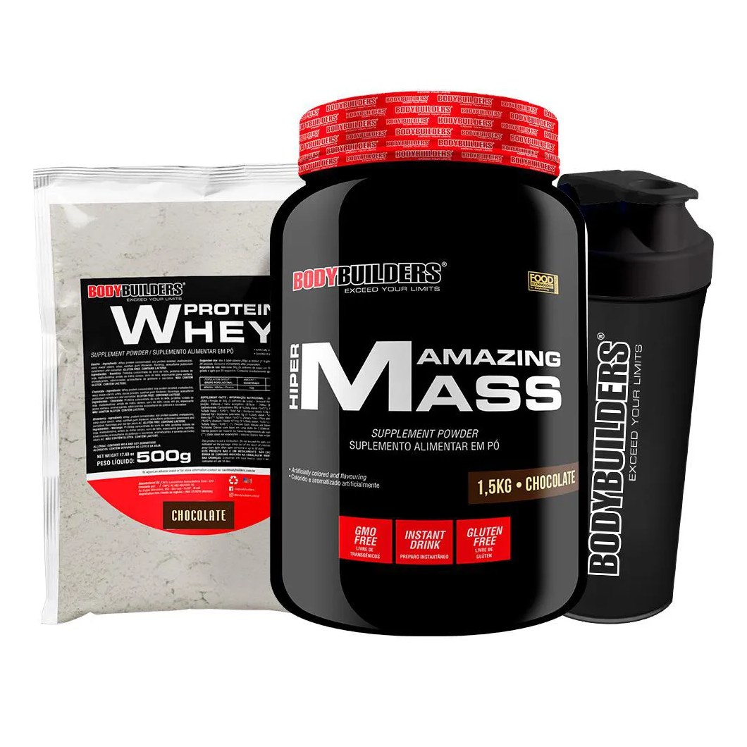 Kit Amazing Mass 1,5kg + Whey Protein 500g + Coqueteleira - Bodybuilders Sabor Chocolate