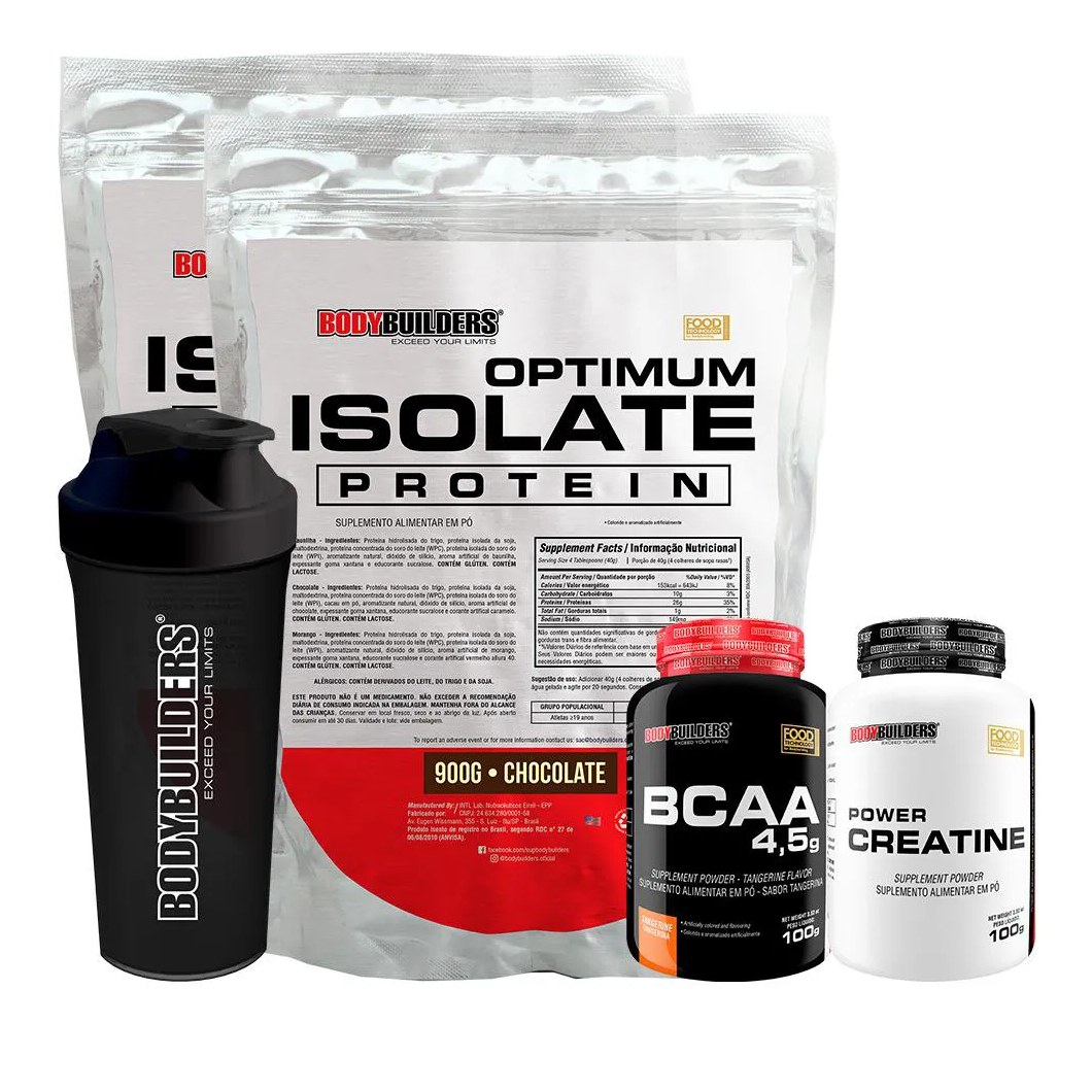 Kit 2x Optimum Isolate Whey Protein 900g + Power Creatina 100g + Bcaa 100g + Coqueteleira - Bodybuilders Sabor Chocolate