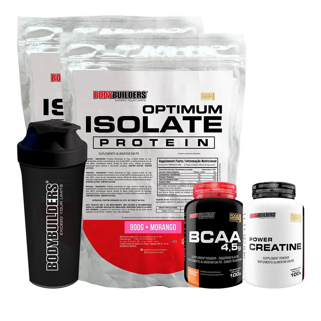 Kit 2x Optimum Isolate Whey Protein 900g + Power Creatina 100g + Bcaa 100g + Coqueteleira - Bodybuilders Sabor Morango
