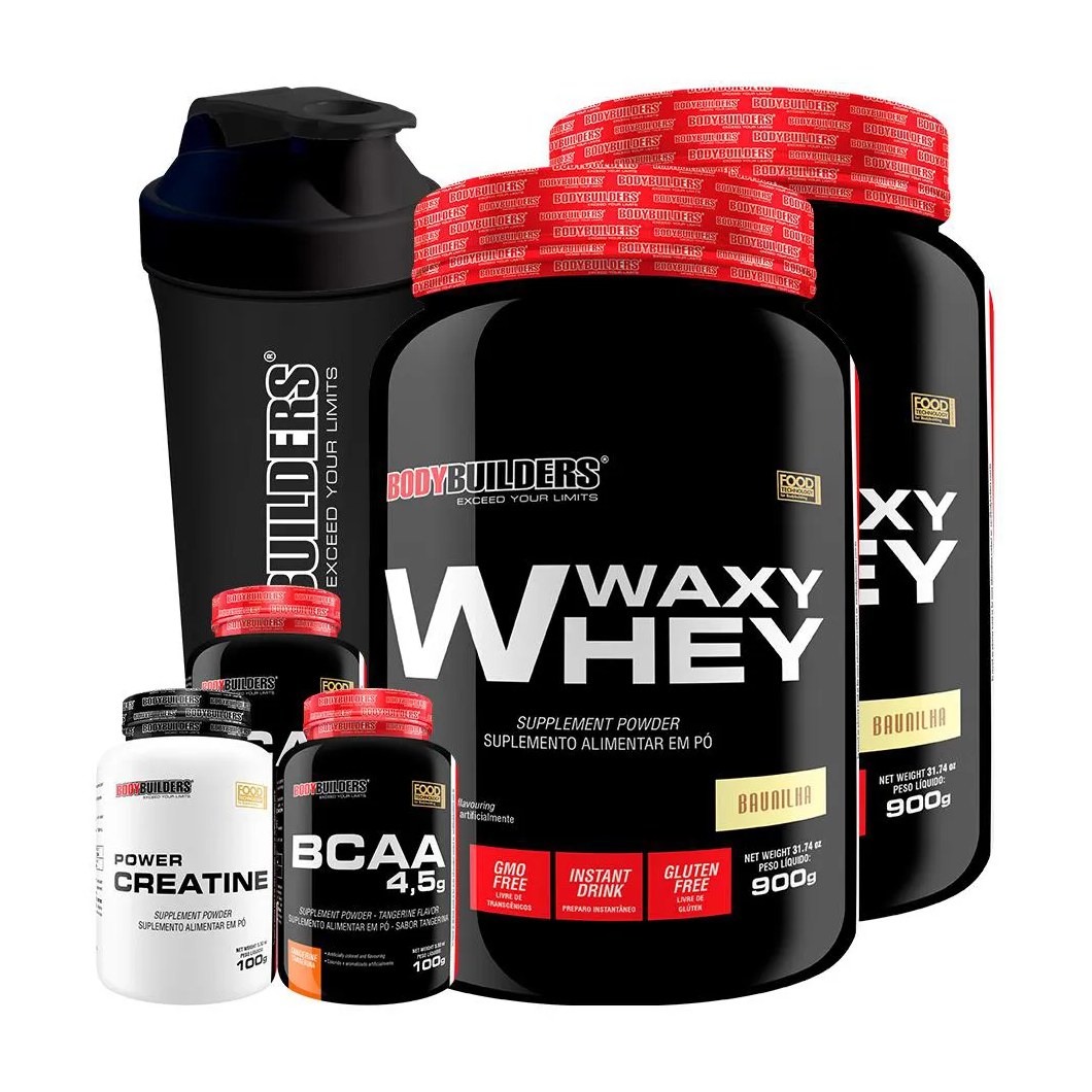 Kit 2x Waxy Whey 900g + 2x Bcaa 4.5 100g + Power Creatina 100g + Coqueteleira - Bodybuilders Baunilha