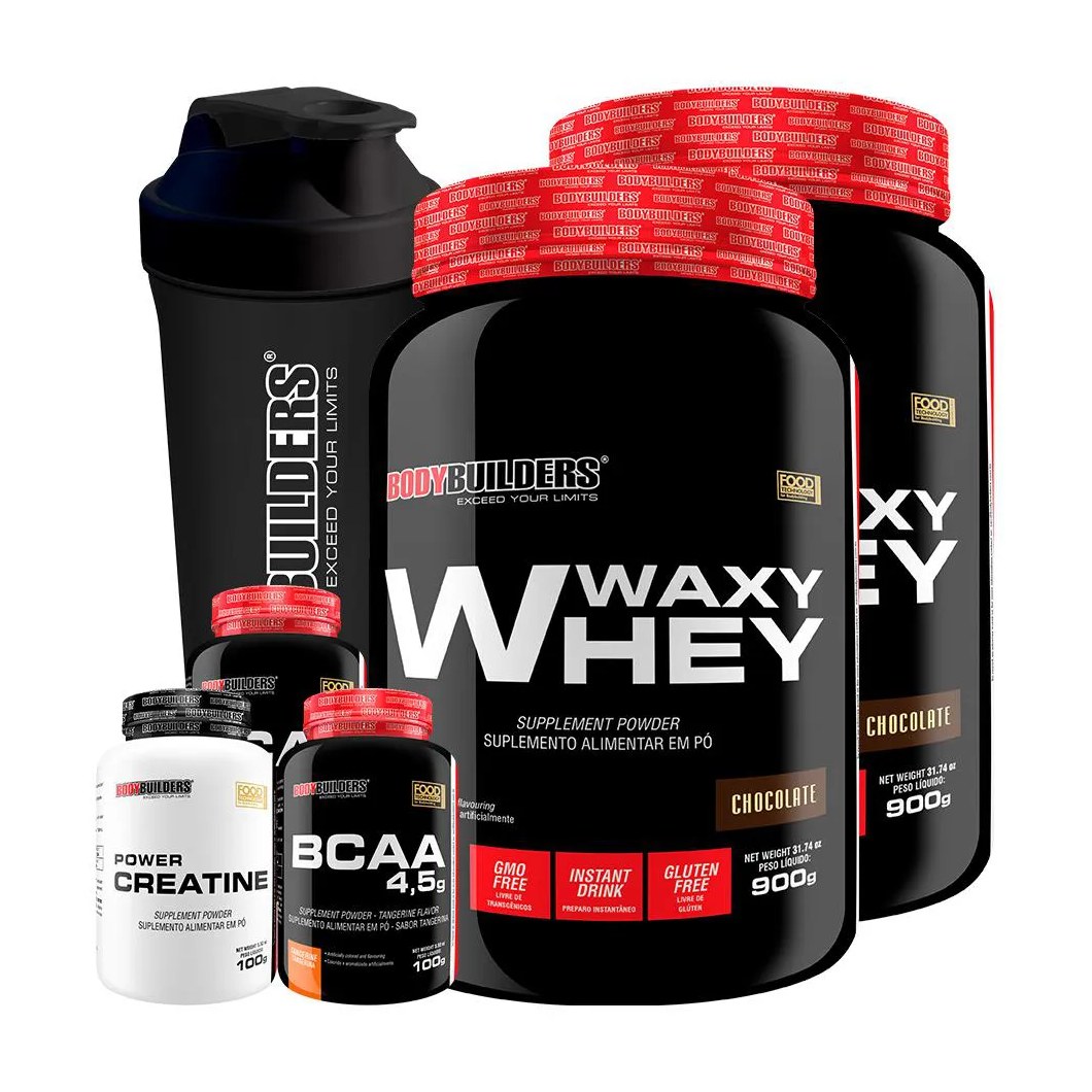 Kit 2x Waxy Whey 900g + 2x Bcaa 4.5 100g + Power Creatina 100g + Coqueteleira - Bodybuilders Chocolate
