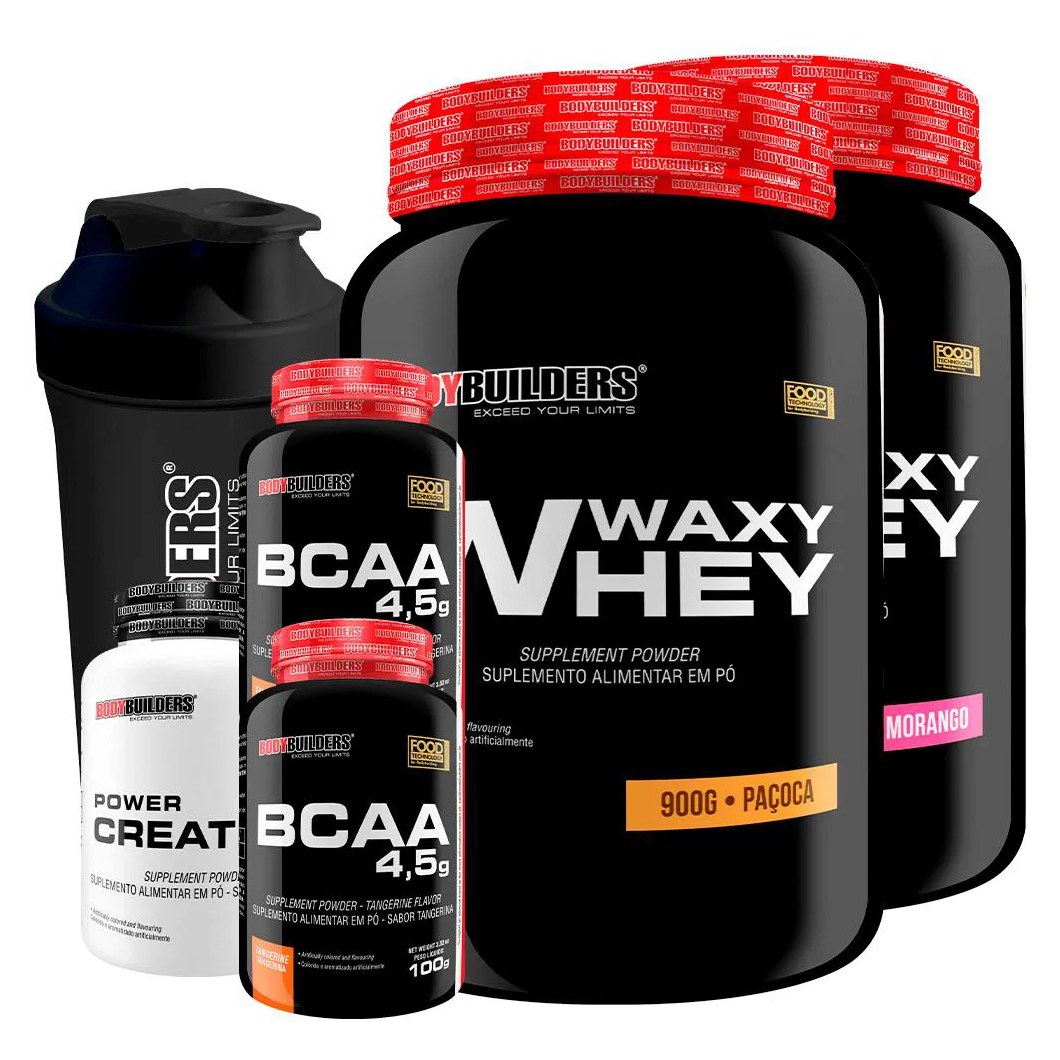 Kit 2x Waxy Whey 900g + 2x Bcaa 4.5 100g + Power Creatina 100g + Coqueteleira - Bodybuilders Morango e Paçoca