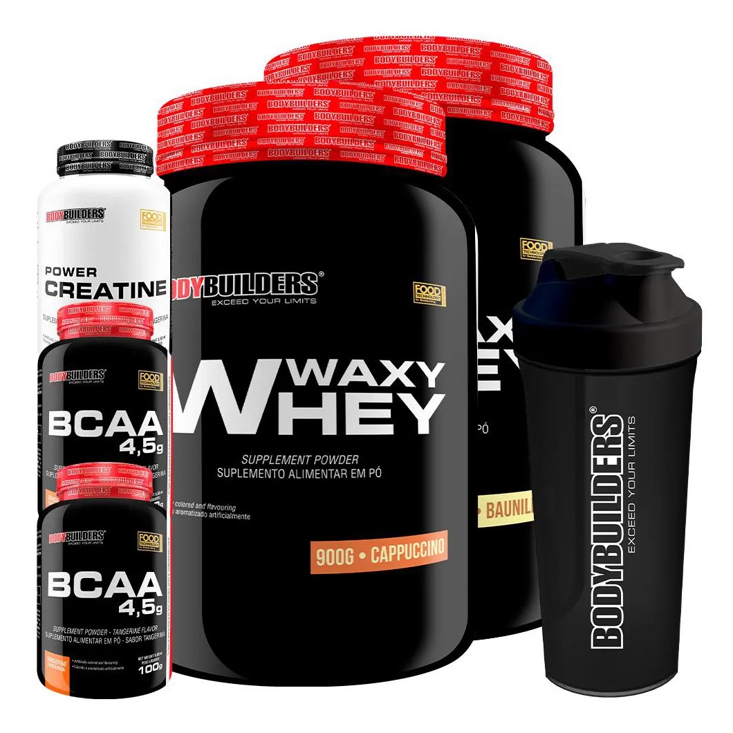 Kit 2x Waxy Whey 900g + 2x Bcaa 4.5 100g + Power Creatina 100g + Coqueteleira - Bodybuilders Baunilha e Cappuccino
