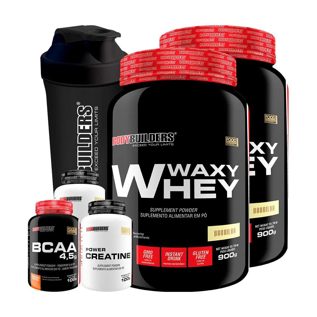 Kit 2x Waxy Whey 900g + Bcaa 4.5 100g + 2x Power Creatina 100g + Coqueteleira - Bodybuilders Baunilha