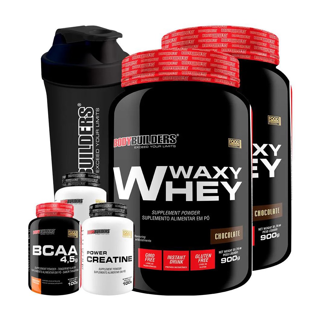 Kit 2x Waxy Whey 900g + Bcaa 4.5 100g + 2x Power Creatina 100g + Coqueteleira - Bodybuilders Chocolate