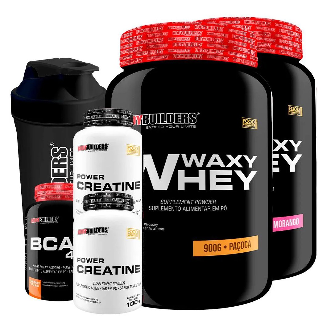 Kit 2x Waxy Whey 900g + Bcaa 4.5 100g + 2x Power Creatina 100g + Coqueteleira - Bodybuilders Morango e Paçoca