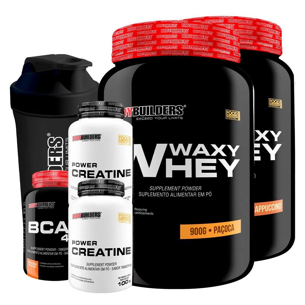 Kit 2x Waxy Whey 900g + Bcaa 4.5 100g + 2x Power Creatina 100g + Coqueteleira - Bodybuilders Cappuccino e Paçoca