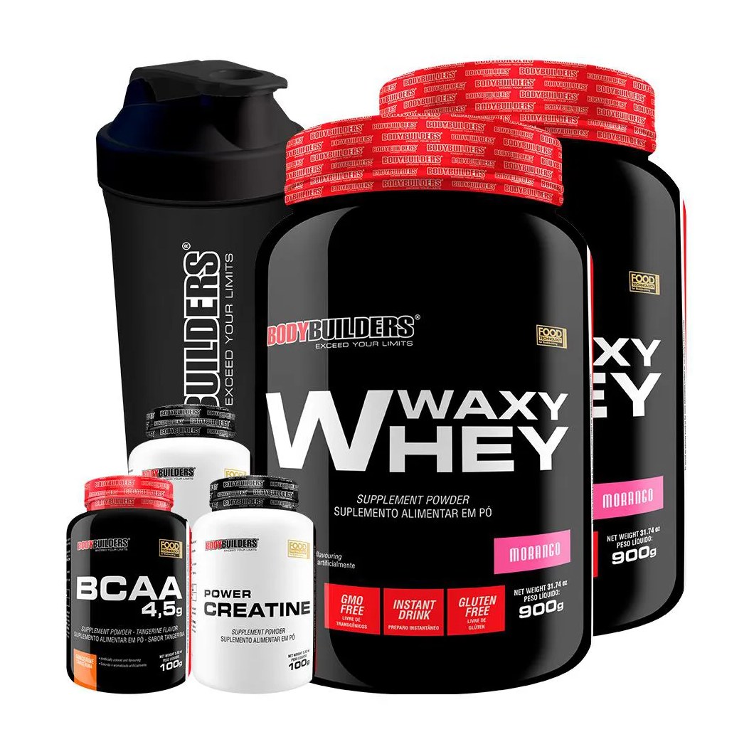 Kit 2x Waxy Whey 900g + Bcaa 4.5 100g + 2x Power Creatina 100g + Coqueteleira - Bodybuilders Morango