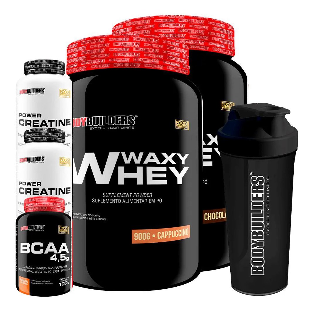 Kit 2x Waxy Whey 900g + Bcaa 4.5 100g + 2x Power Creatina 100g + Coqueteleira - Bodybuilders Chocolate e Cappuccino